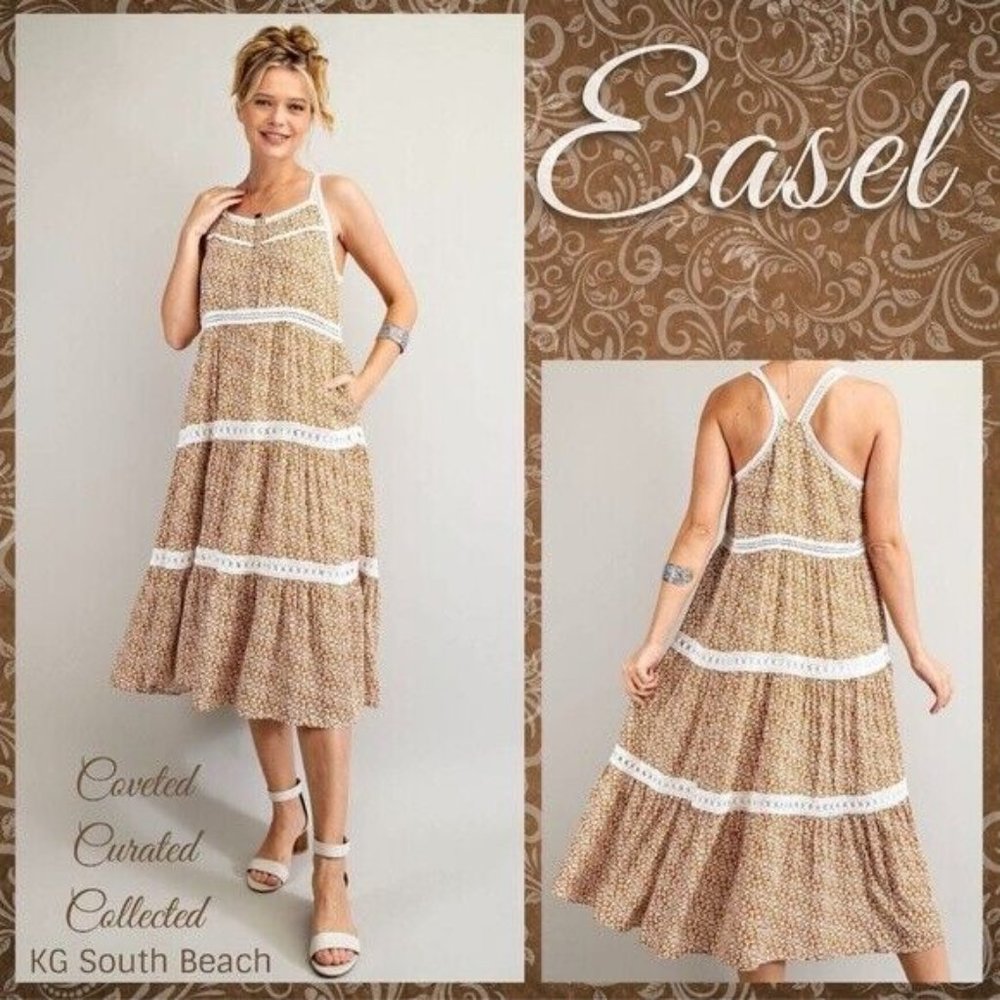 EASEL Racerback Floral Print Lace Trim Tiers Midi - Maxi Ruffled Hem